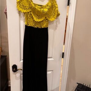 Elegant Yellow/Chatreuse and Black Lace pantsuit/romper Medium